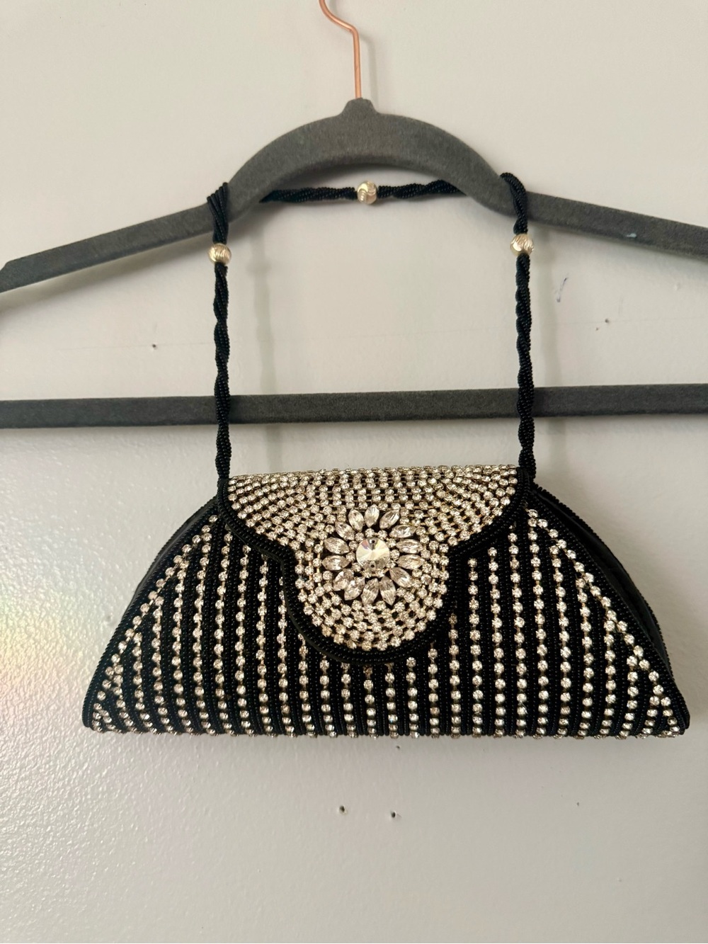 Vintage Beaded Rhinestone Evening Clutch Bag Black Silver Formal Wedding Prom